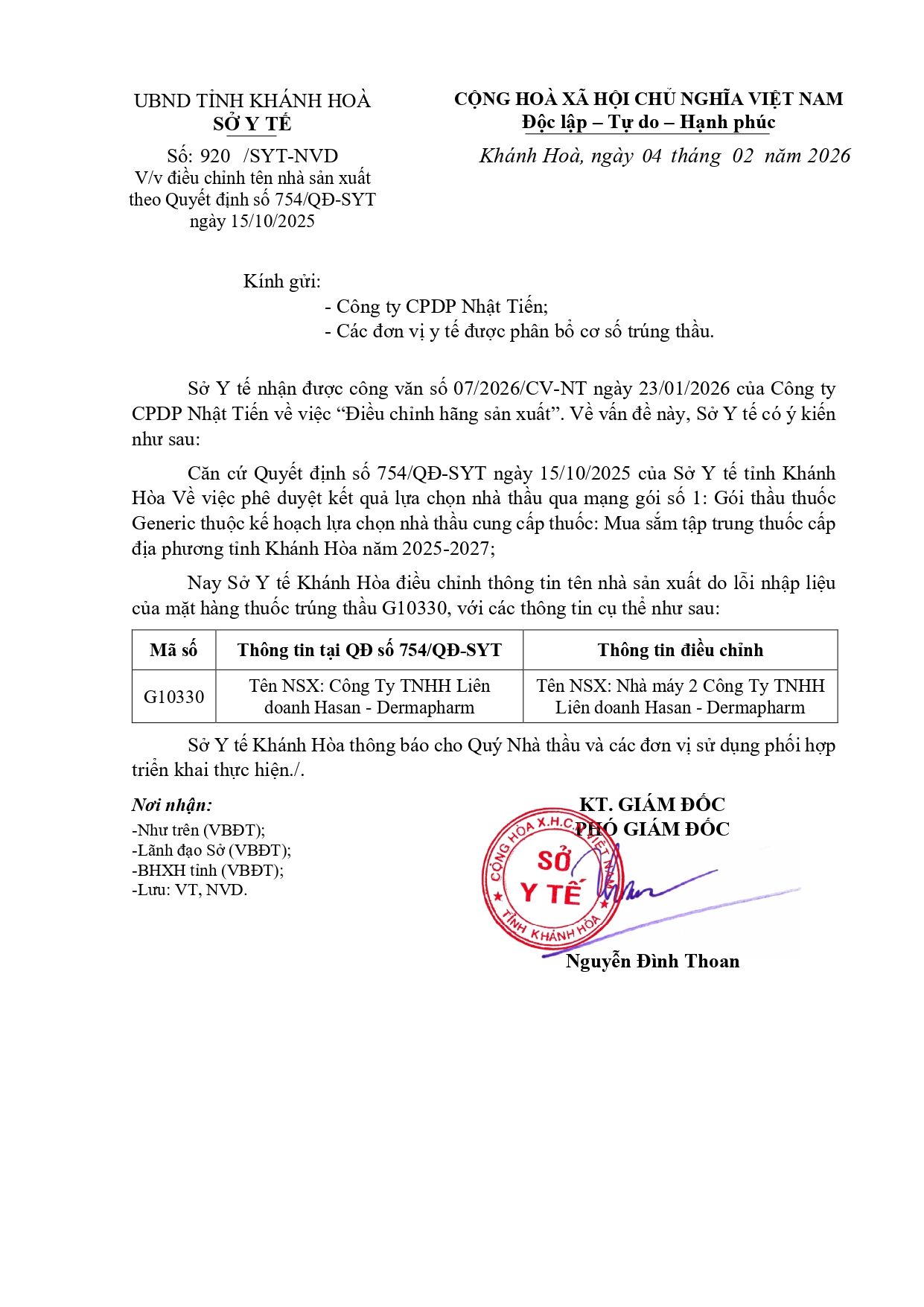 V/v điều chỉnh tên nhà sản xuất theo Quyết định số 754/QĐ-SYT ngày 15/10/2025